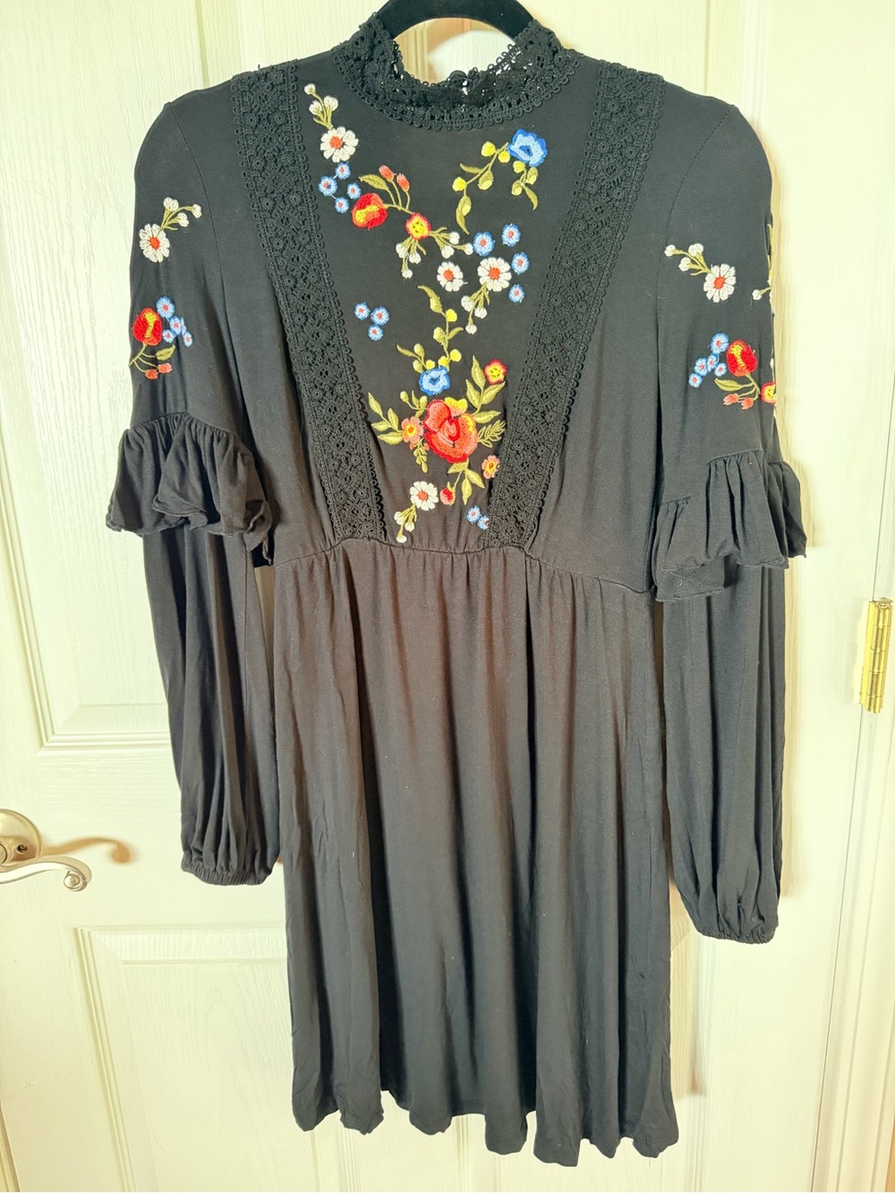 Maternity Black Embroidered Floral Long-Sleeve Dress